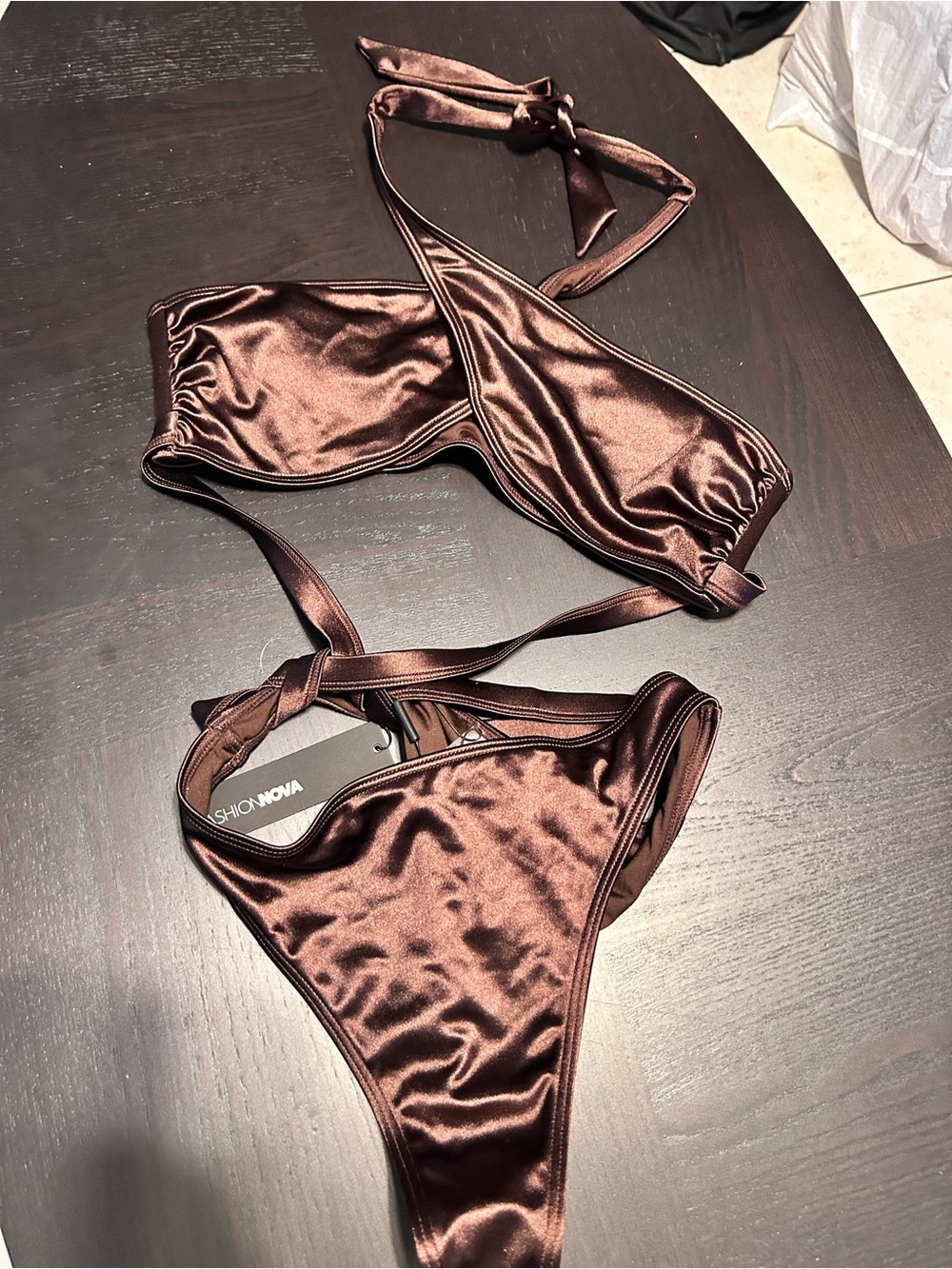 Fashion Nova Metallic Chocolate Brown Satin Bikini Set